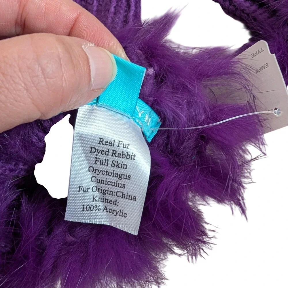 Jocelyn Purple Real Rabbit Fur Trim Ribbed Knit Fingerless Gloves Arm Warmers OS